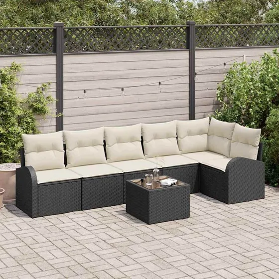 vidaXL Havesofa Sæt 7 stk Sort og Hvid Poly rattan