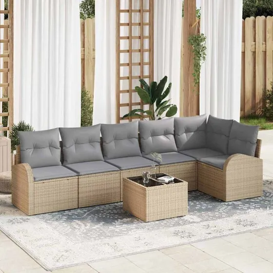 vidaXL Havesofa Sæt 7 stk Beige og Lysegrå Poly rattan