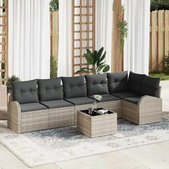vidaXL Havesofa Sæt 7 stk Lysegrå Poly rattan med opbevaring