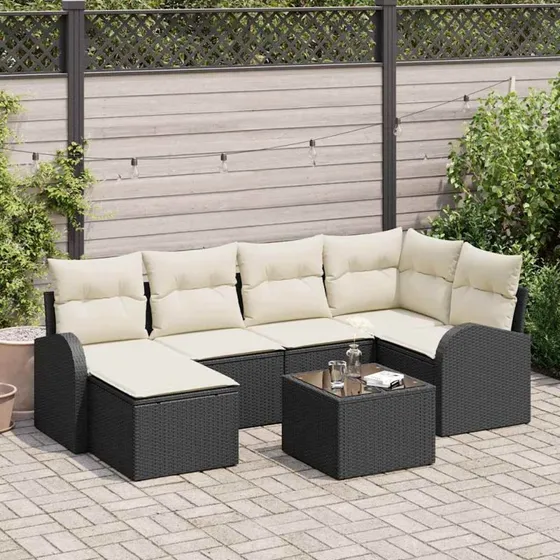 vidaXL 7-delssæt Sofa med Pude og Opbevaring, Sort og Hvid Poly Rattan