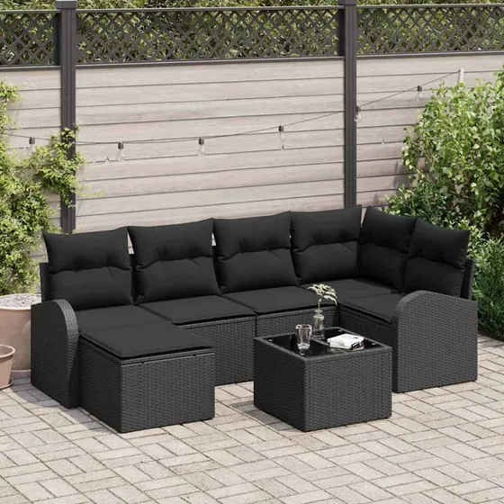 vidaXL Havesofa Sæt 7 stk Sort Poly rattan med opbevaring