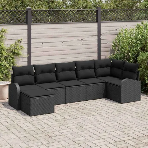 vidaXL Havesofa Sæt 7 stk Sort Poly rattan med opbevaring