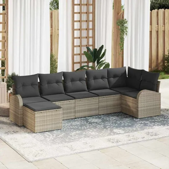 vidaXL Havesofa Sæt 7 stk Lysegrå Poly rattan med opbevaring