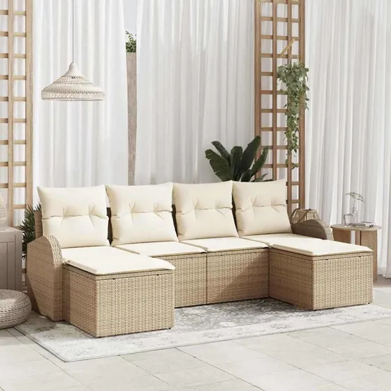 vidaXL Havemøbelssæt 6 stk med opbevaring, Beige og Hvid Poly rattan
