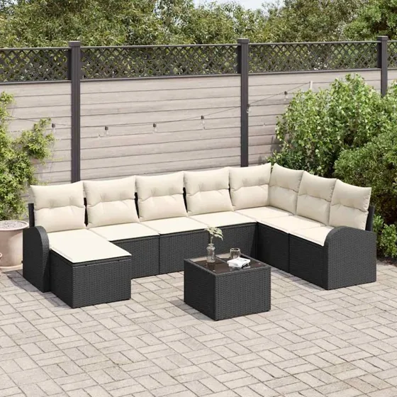 vidaXL 9-pc Havesofa Sæt med Pude, Sort og Hvid Poly Rattan