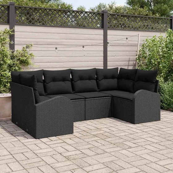 vidaXL Havesofa Sæt 6 stk med pude og opbevaring, Sort polyrattan