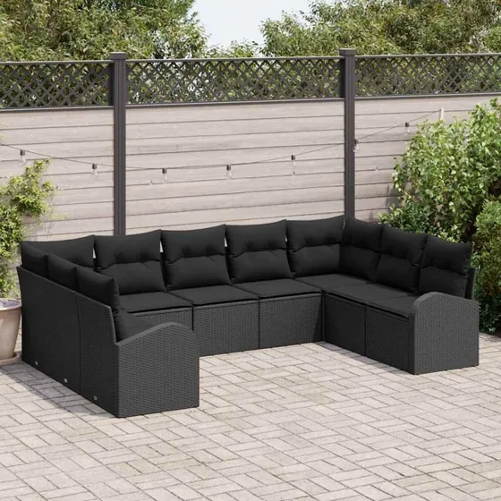 vidaXL Havesofa Sæt 9 pcs Sort Polyrattan med Opbevaring