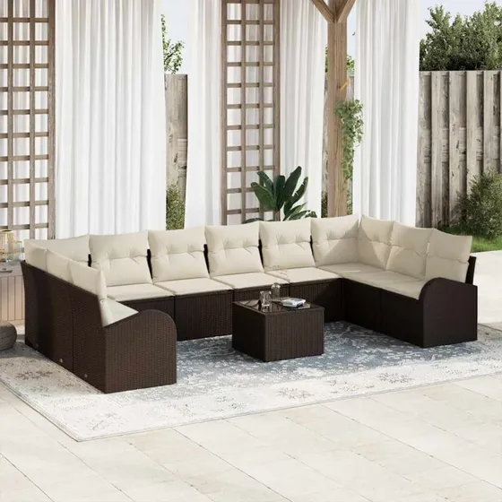 vidaXL Havesofa Sæt 11 pcs Brun/Creme med Opbevaring