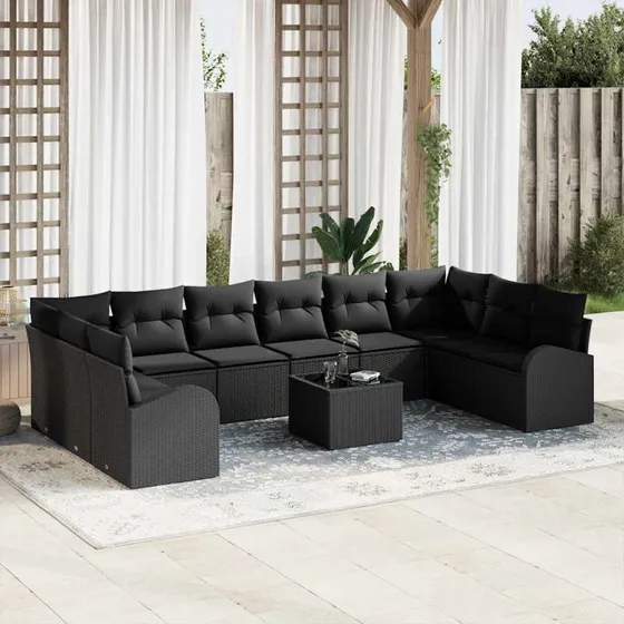 vidaXL Havesofa Sæt 11 stk Sort Poly Rattan med Opbevaring