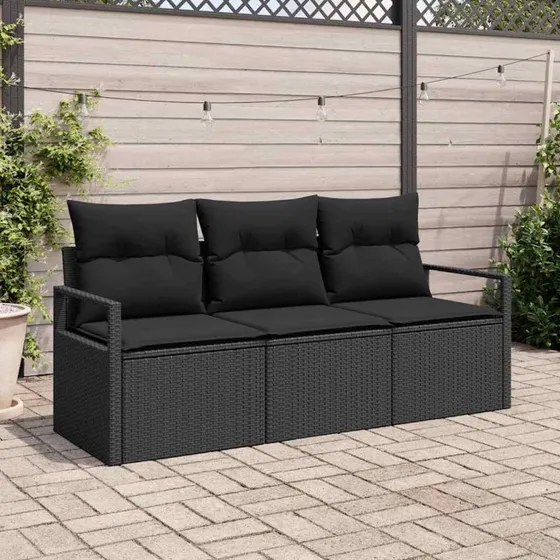 vidaXL Havesofa Sæt 3-pcs Sort Poly Rattan med opbevaring