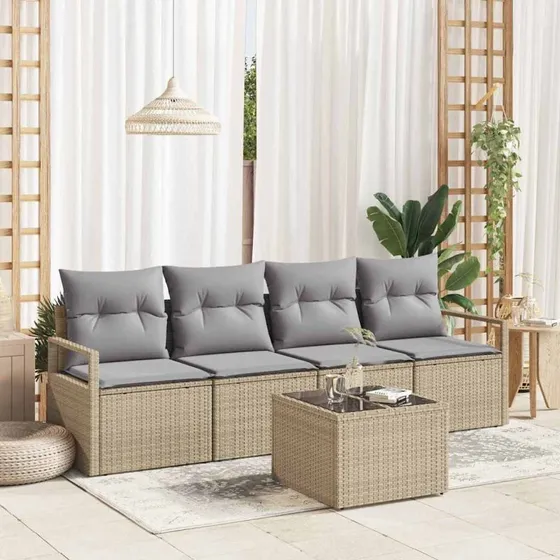 vidaXL 5-pces havemøbel-sæt med pude, beige og grå, polyrattan