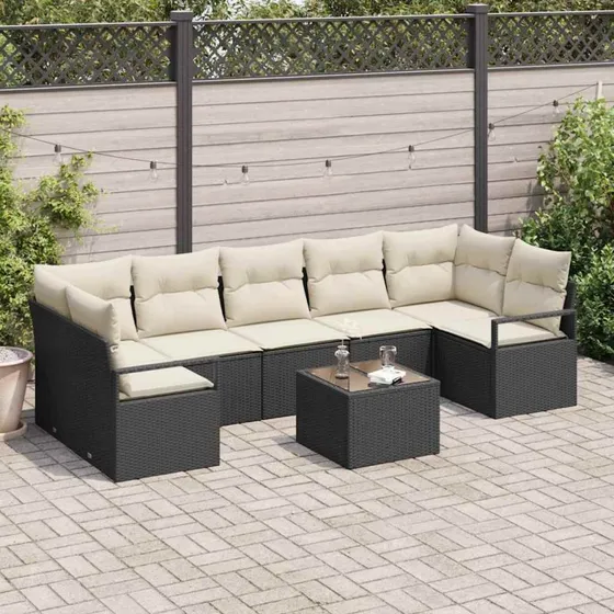 vidaXL Havesofa Sæt 8 stk Sort og Cream Polyrattan, Stål og Glas