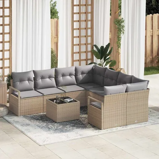 vidaXL 9-pcs Havemøbel Sæt med Pude, Poly Rattan, Beige og Grå