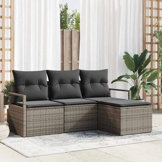 vidaXL Grå Poly Rattan Havesofa Sæt 4-pcs med Opbevaring
