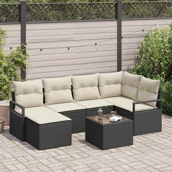 vidaXL Sofa Sæt 7-del med Opbevaring, Brun og Creme Poly Rattan