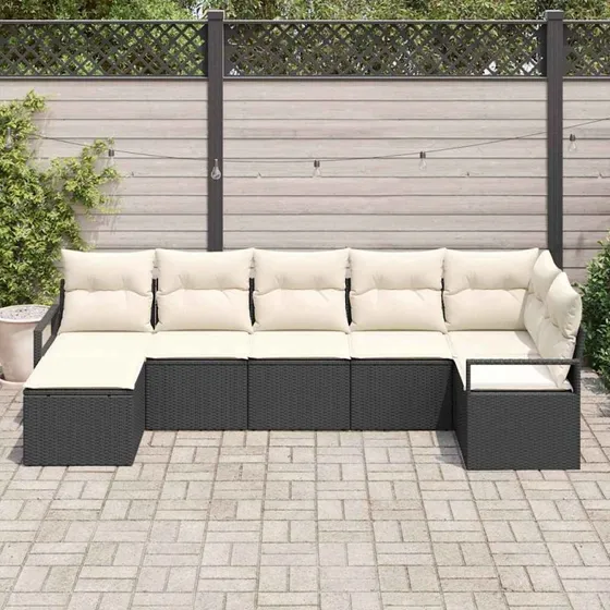 vidaXL Havesofa Sæt 7-stk med Opbevaring, Sort og Cream Poly Rattan