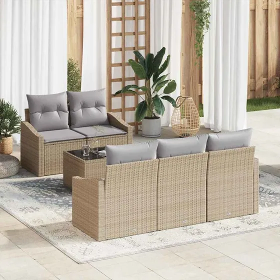 vidaXL Havemøbelssæt 6 stk med opbevaring, beige og grå polyrattan