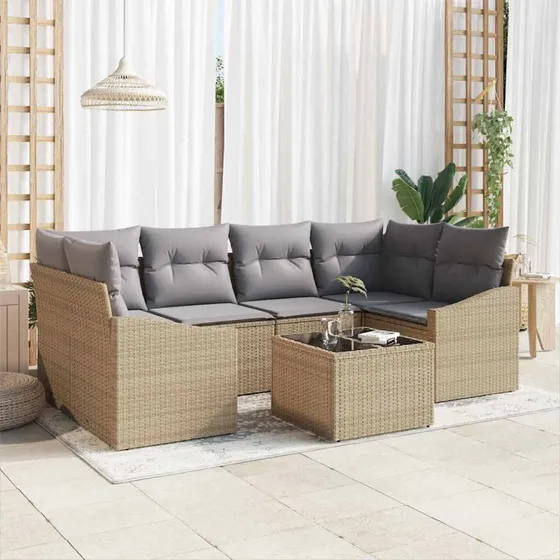 vidaXL 7-deligt Havesofa Sæt med Opbevaring, Beige og Grå Polyrattan