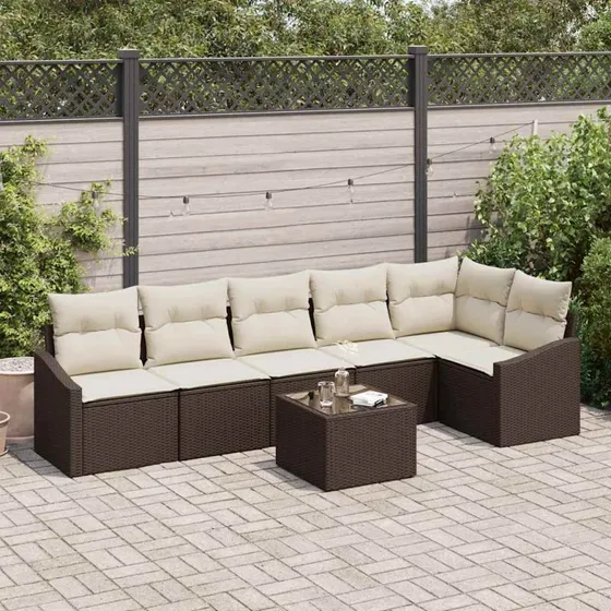 vidaXL Havesofa Sæt 7 del, Brun og Creme, Poly Rattan