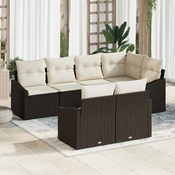 vidaXL Havesofa Sæt 7 pc Brun og Hvid Polyrrattan med Opbevaring