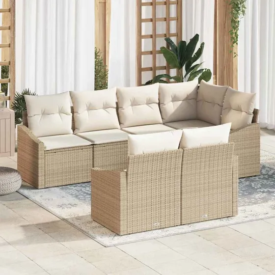 vidaXL Havesofa Sæt 7 deler Beige og Hvid Polyrrattan