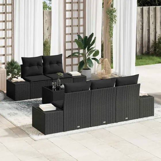 vidaXL Havesofa Sæt 6 stk med opbevaring, Sort polyrattan