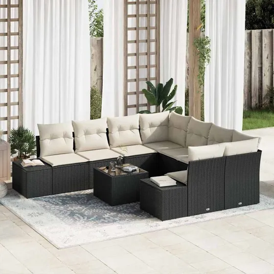 vidaXL Havesofa Sæt 9 pcs Sort og Cream Poly Rattan