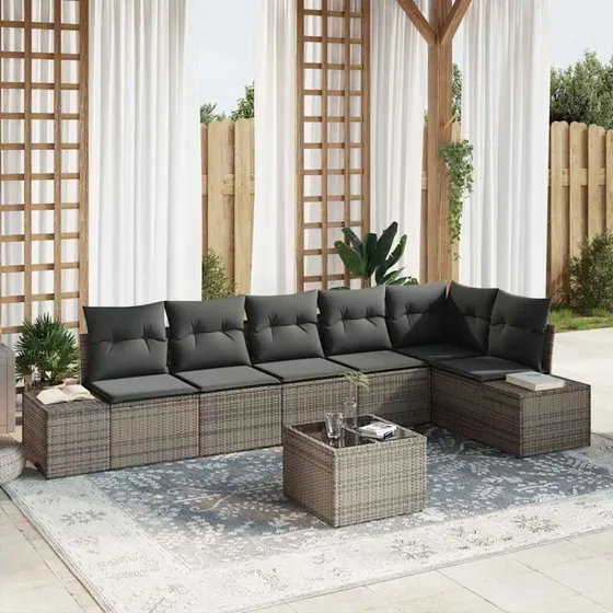 vidaXL Havesofa Sæt 7 stk Lysegrå Poly Rattan med Opbevaring