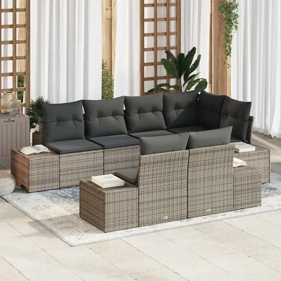 vidaXL Havesofa Sæt 7 stk Grå Poly Rattan med Opbevaring