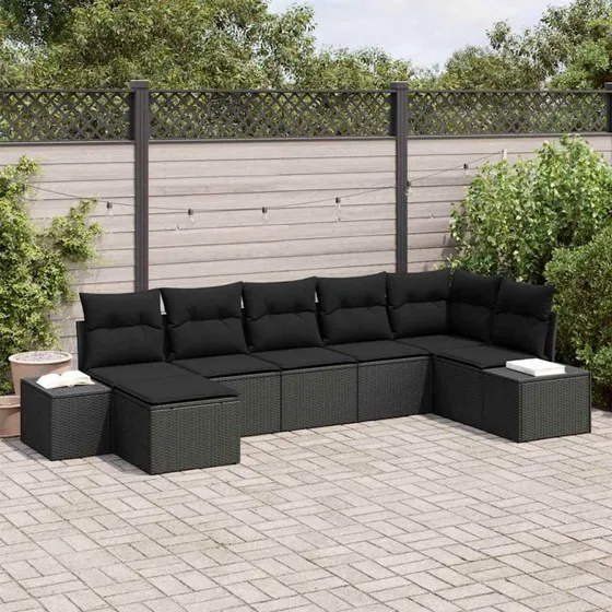 vidaXL Havesofa Sæt 7 stk med opbevaring, Sort polyrattan