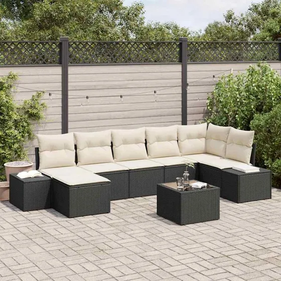vidaXL Havesofa Sæt 7 stk med pude og opbevaring, Sort polyrattan