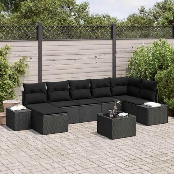 vidaXL Havesofa Sæt 7 stk med pude og opbevaring, Sort polyrattan
