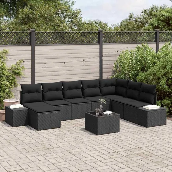 vidaXL Havesofa Sæt 8/9 stk Sort Poly Rattan med Opbevaring