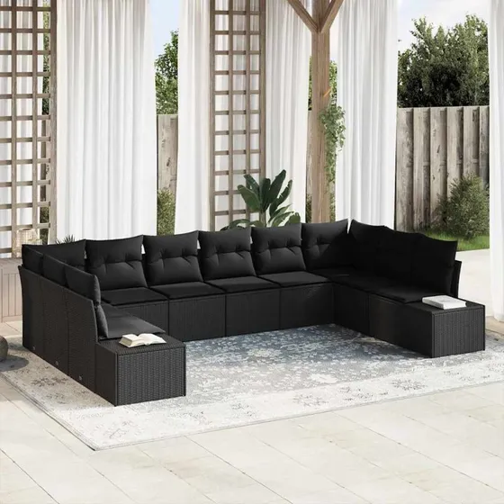 vidaXL Havesofa Sæt 10-puds Sort Poly rattan
