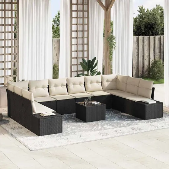 vidaXL Havesofa Sæt 10/11 stk Sort & Cream Polyrattan