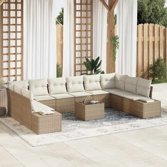 vidaXL Havesofa Sæt 10/11 stk Beige/Creme PolyRattan & Akacietræ