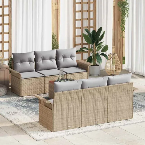 vidaXL Havesofa Sæt 7 pcs Beige/Lys Grå Poly Rattan med Opbevaring