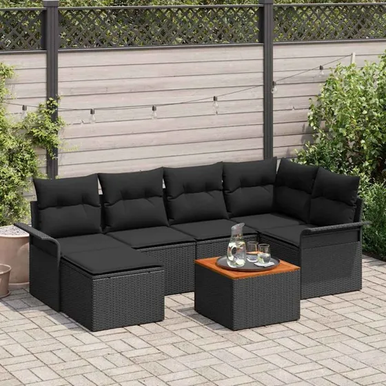 vidaXL Havesofa Sæt 7 pc Sort Polyrattan med opbevaring
