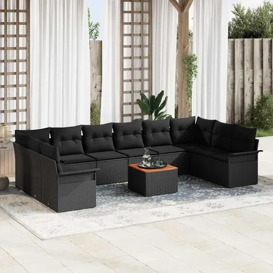 vidaXL Havesofa Sæt 11 pcs Sort polyrattan med opbevaring