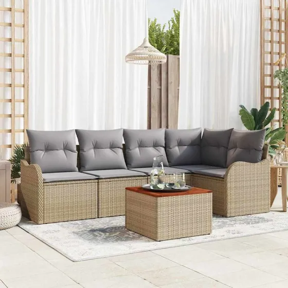 vidaXL Havesofa Sæt 6 stk Beige/Lys Grå Poly Rattan med Opbevaring