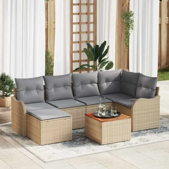 vidaXL Havesofa Sæt 7 pc Beige/Lys Grå Poly Rattan med Opbevaring