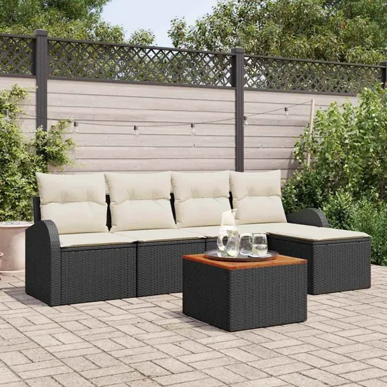 vidaXL Havesofa Sæt 6 pc Sort og Cream Poly Rattan med Opbevaring