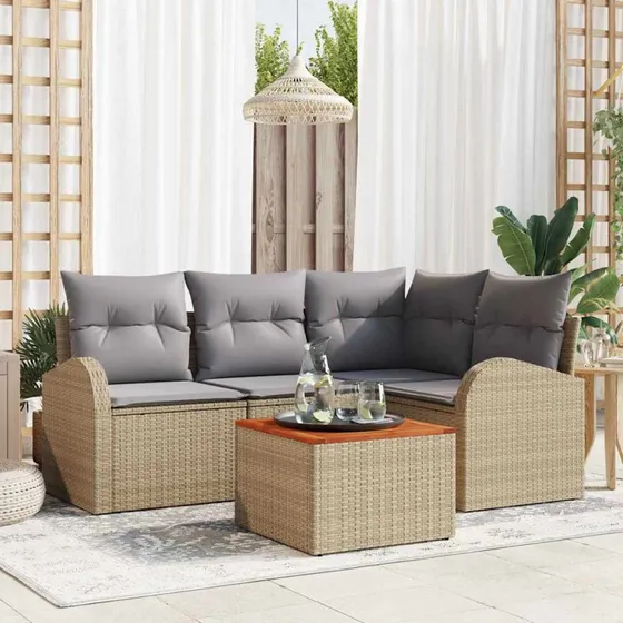 vidaXL Havesofa Sæt 5 pcs Beige/Lys Grå Poly Rattan med Opbevaring