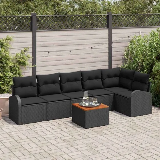 vidaXL Havesofa Sæt 7 pc Sort polyrattan med opbevaring