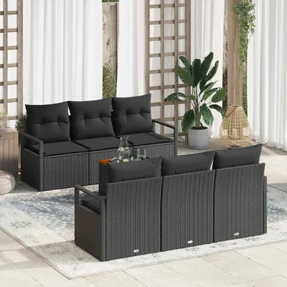vidaXL Havesofa Sæt 7 stk Sort polyrattan med opbevaring
