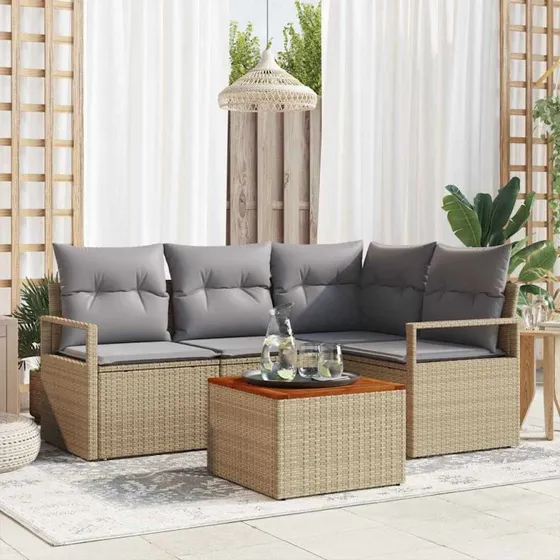 vidaXL Havesofa Sæt 5 pcs Beige og Lys Grå Poly Rattan med Opbevaring