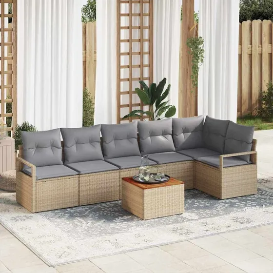 vidaXL Havesofa Sæt 7 pcs Beige og Lys Grå Poly Rattan med Opbevaring