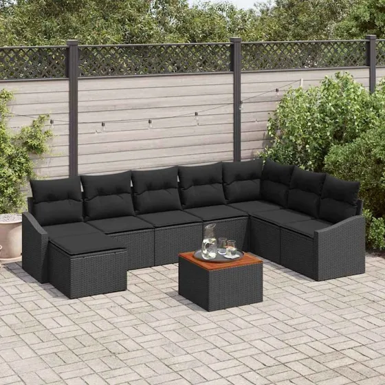 vidaXL Havesofa Sæt 9 pcs Sort polyrattan med opbevaring
