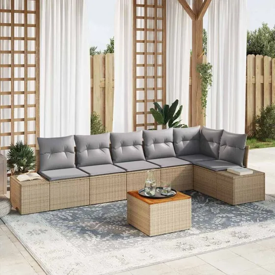 vidaXL Havesofa Sæt 7 del, polyrattan, beige og lysegrå med opbevaring