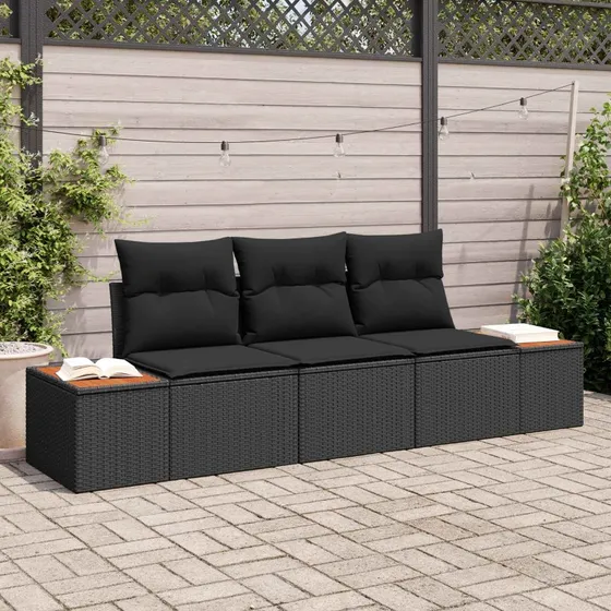 vidaXL Havesofa Sæt 3-pcs Sort Poly Rattan med Opbevaring